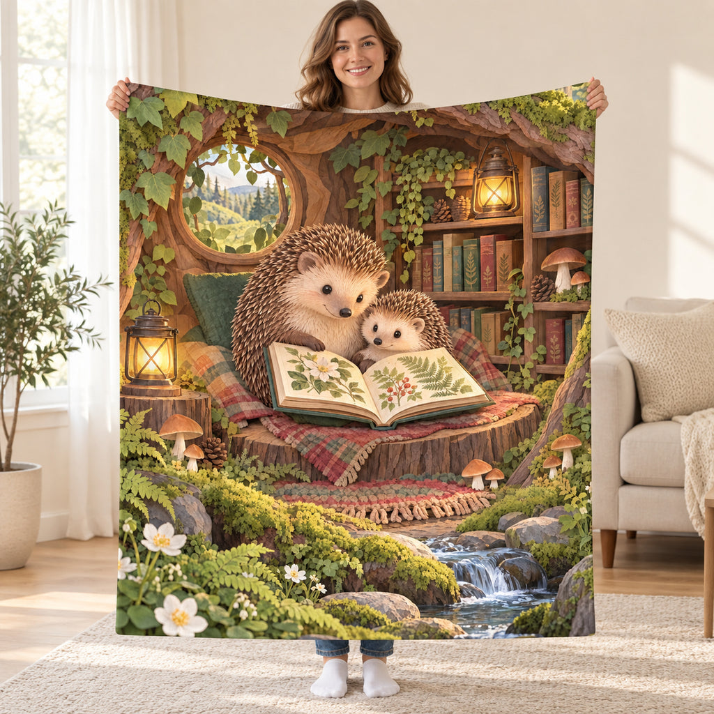 Hedgehog Family Tales blanket, held open