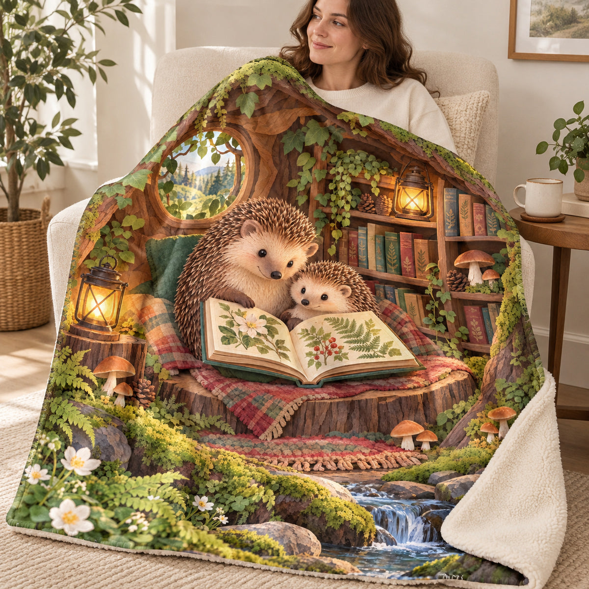 Hedgehog Family Tales blanket, wrapped around a reader