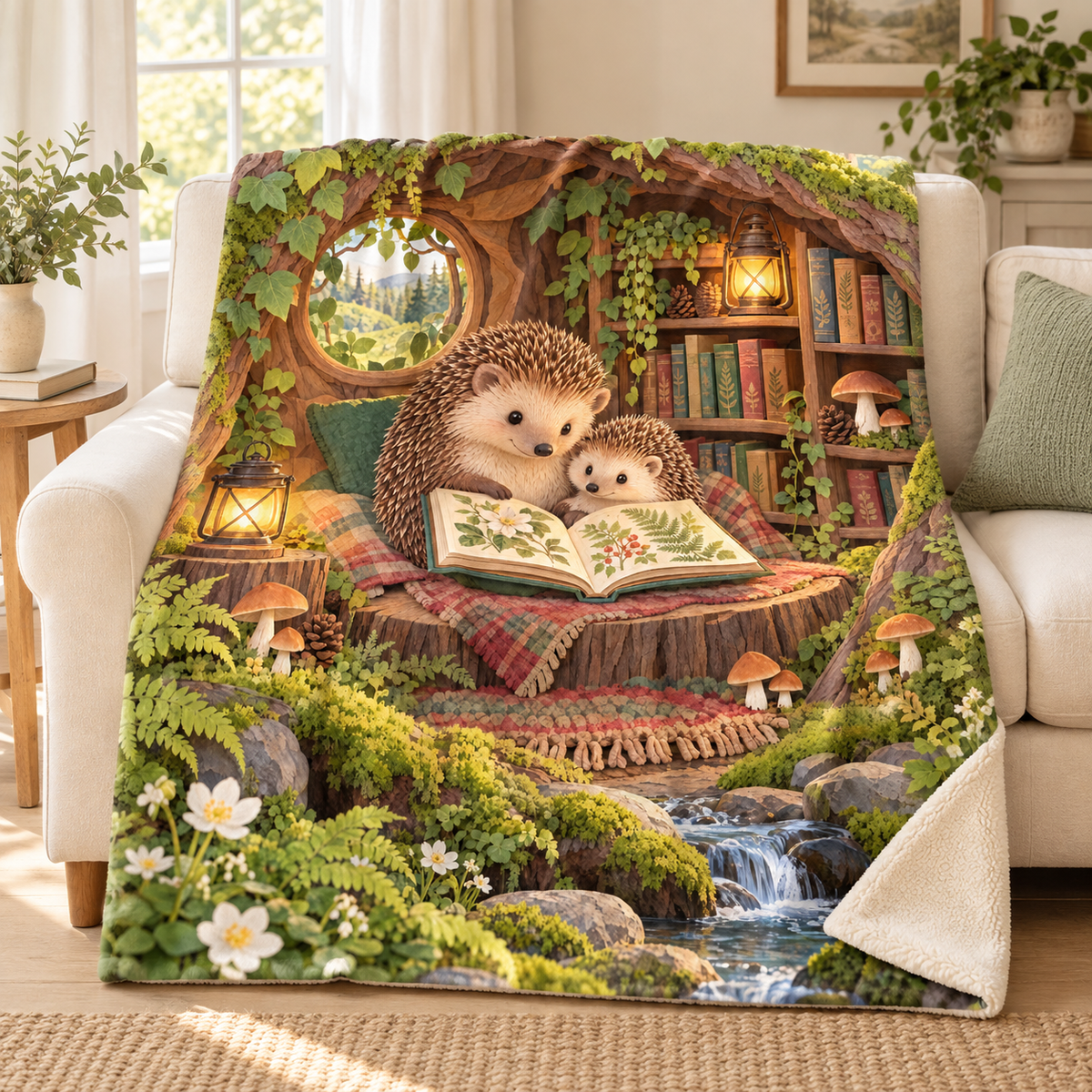 Hedgehog Family Tales blanket, on a sofa