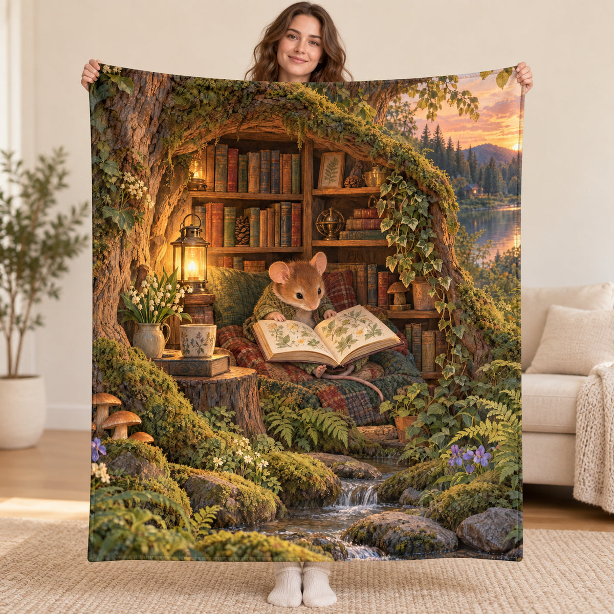 The Miniature Bookroom blanket, held open