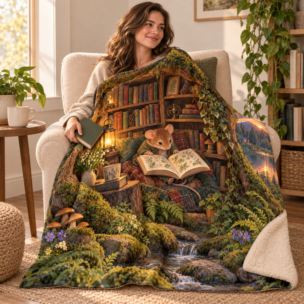 The Miniature Bookroom blanket, wrapped around a reader