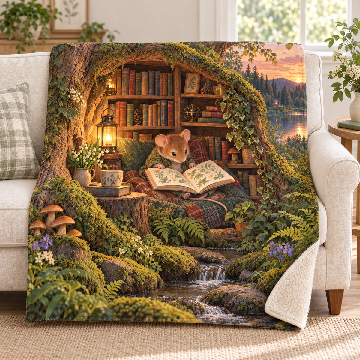 The Miniature Bookroom blanket, on a sofa