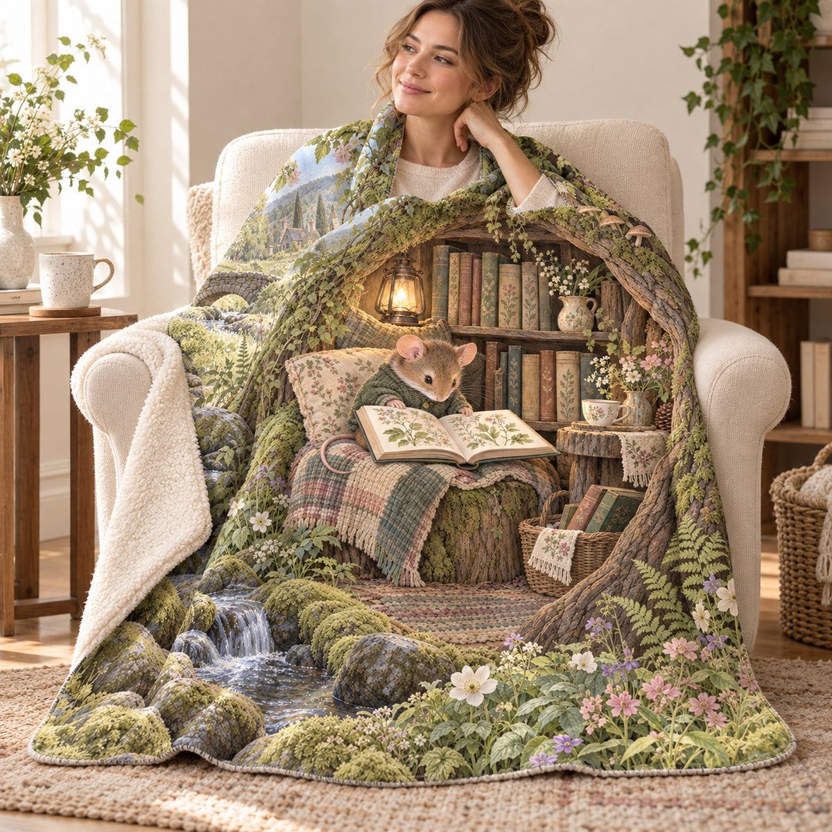 Wildflower Mouse blanket, wrapped around a reader