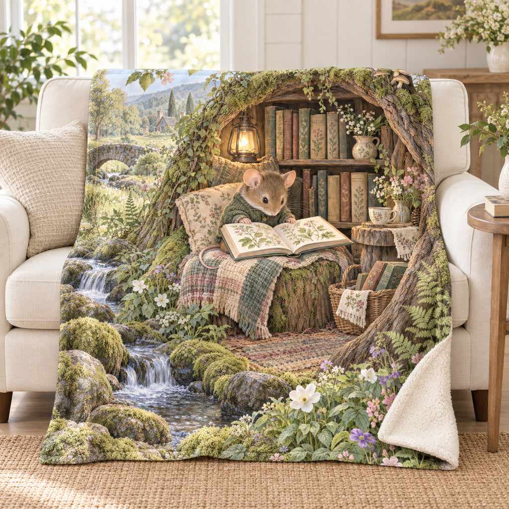 Wildflower Mouse blanket, on a sofa