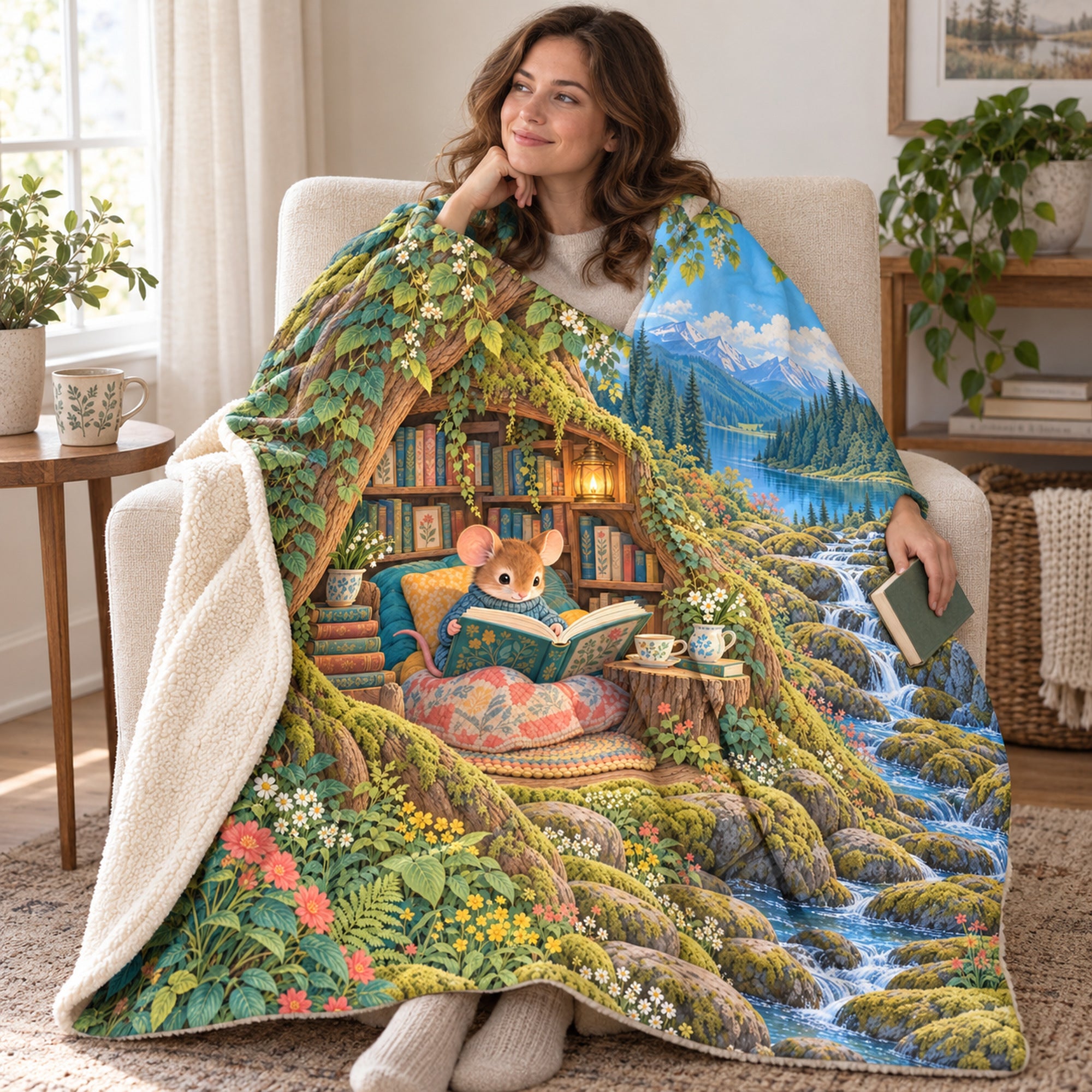 The Teacup Reader blanket, wrapped around a reader