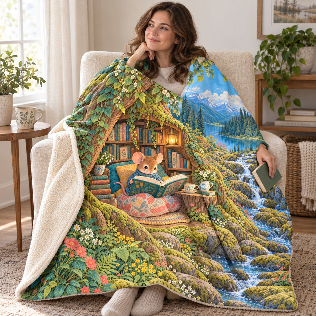 The Teacup Reader blanket, wrapped around a reader