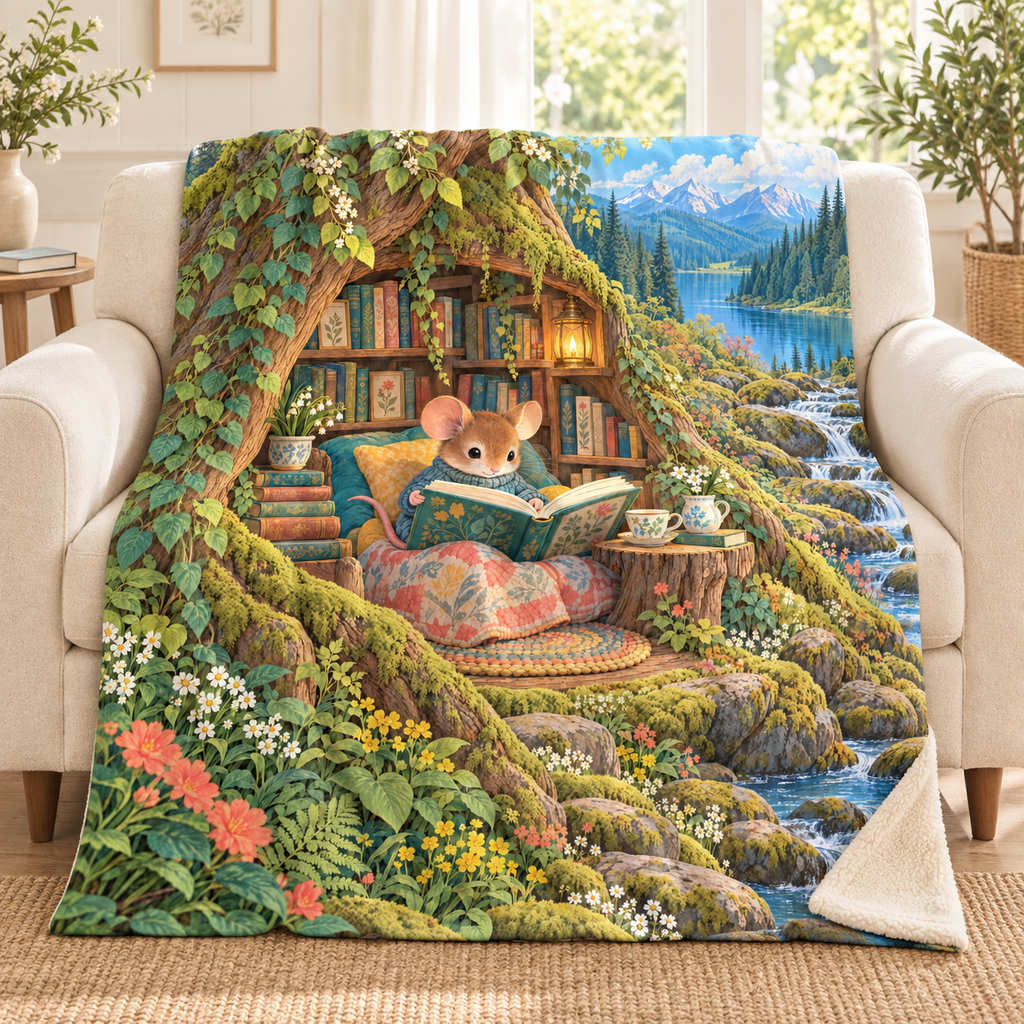 The Teacup Reader blanket, on a sofa