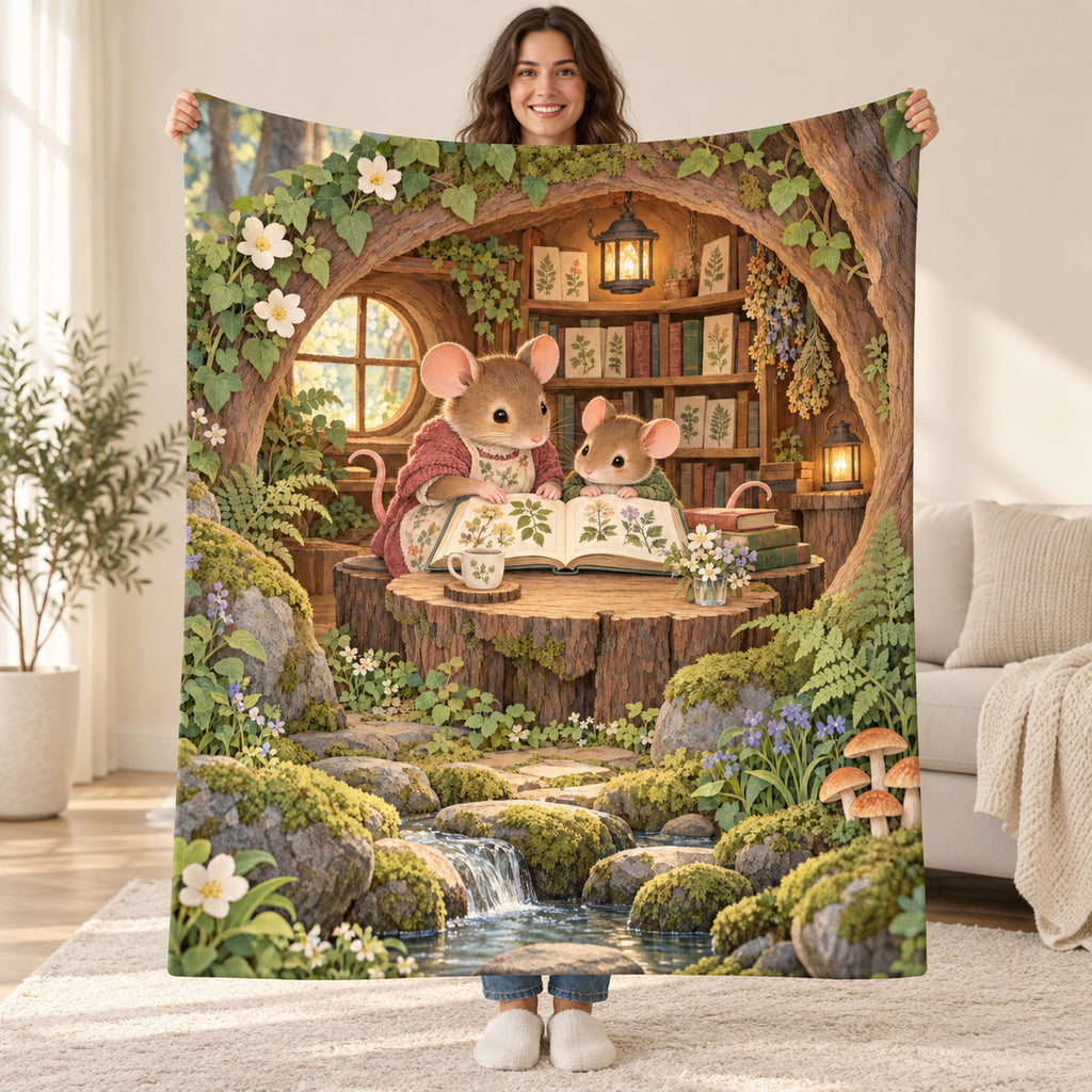 Mouse Family Storytime blanket, held open