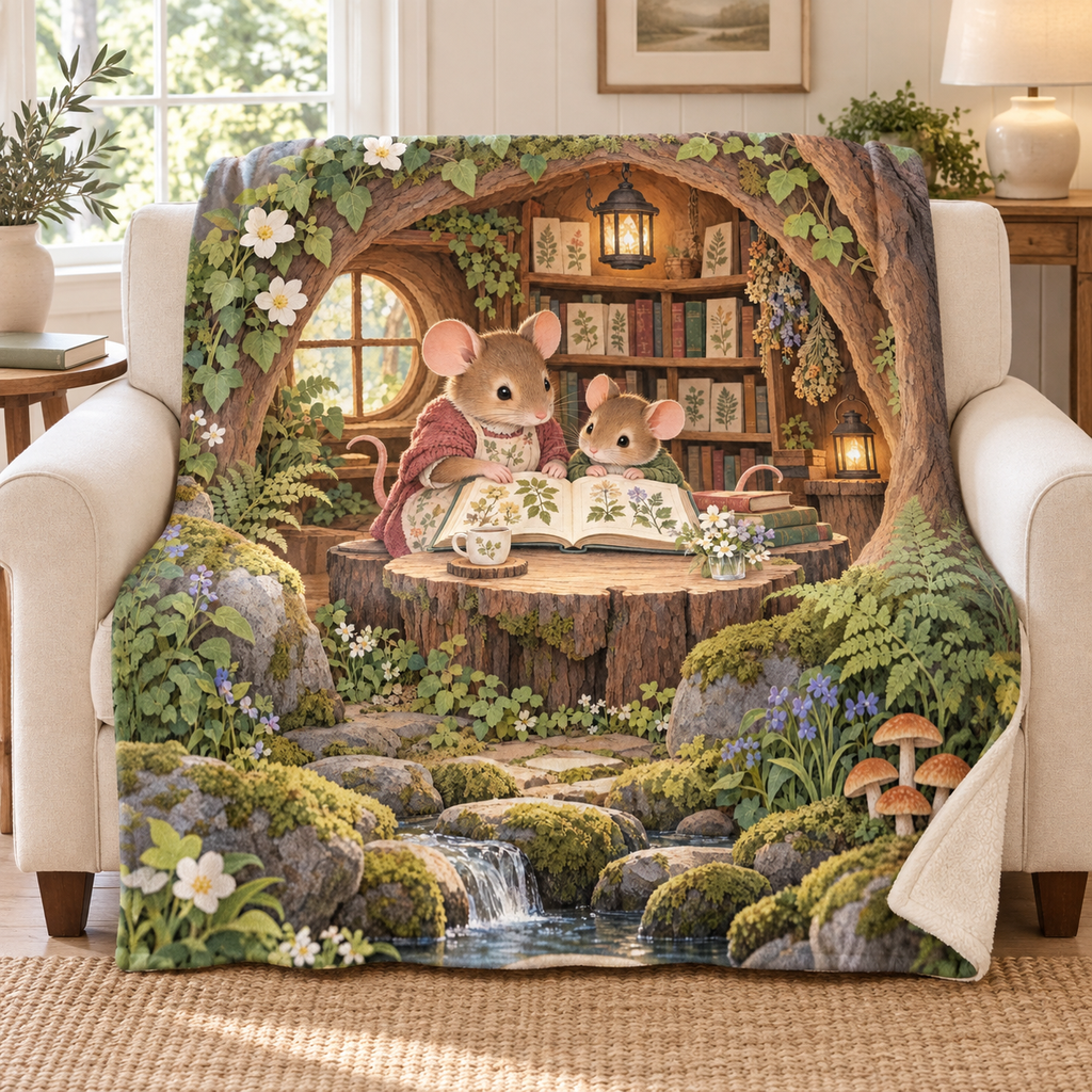 Mouse Family Storytime blanket, on a sofa