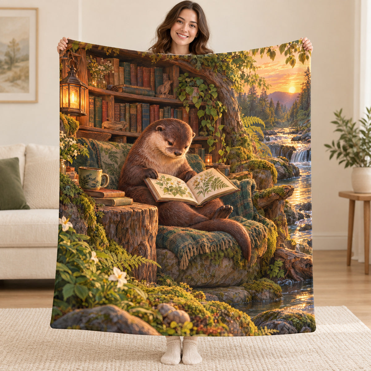 The Riverbank Library blanket, held open