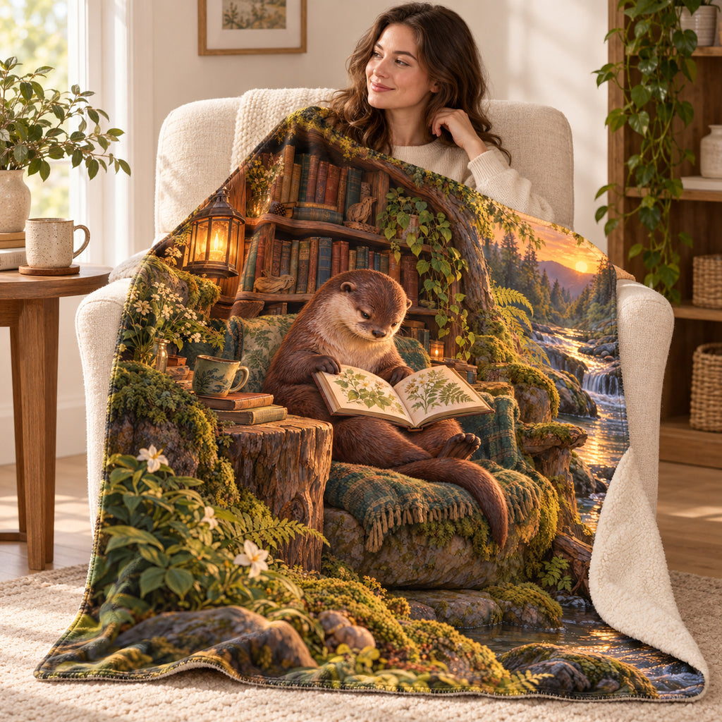 The Riverbank Library blanket, wrapped around a reader