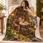 The Riverbank Library blanket, wrapped around a reader