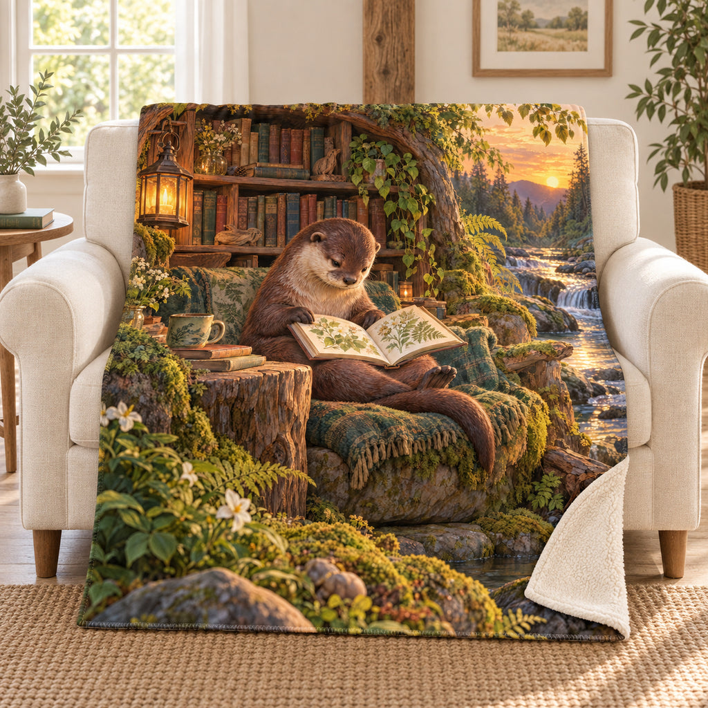 The Riverbank Library blanket, on a sofa