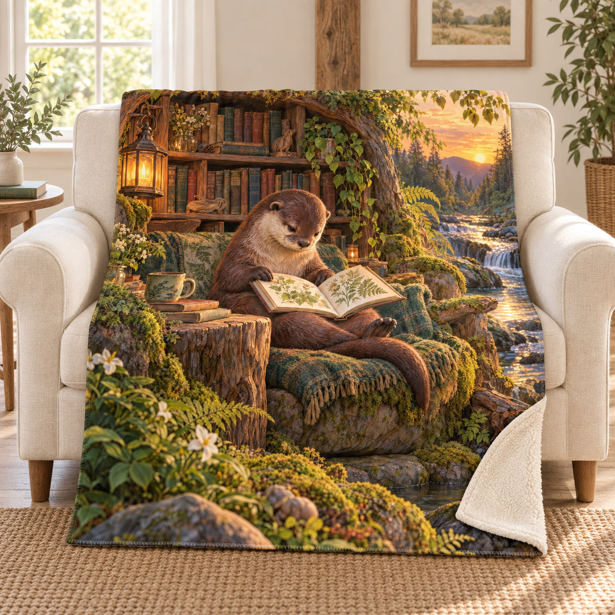 The Riverbank Library blanket, on a sofa