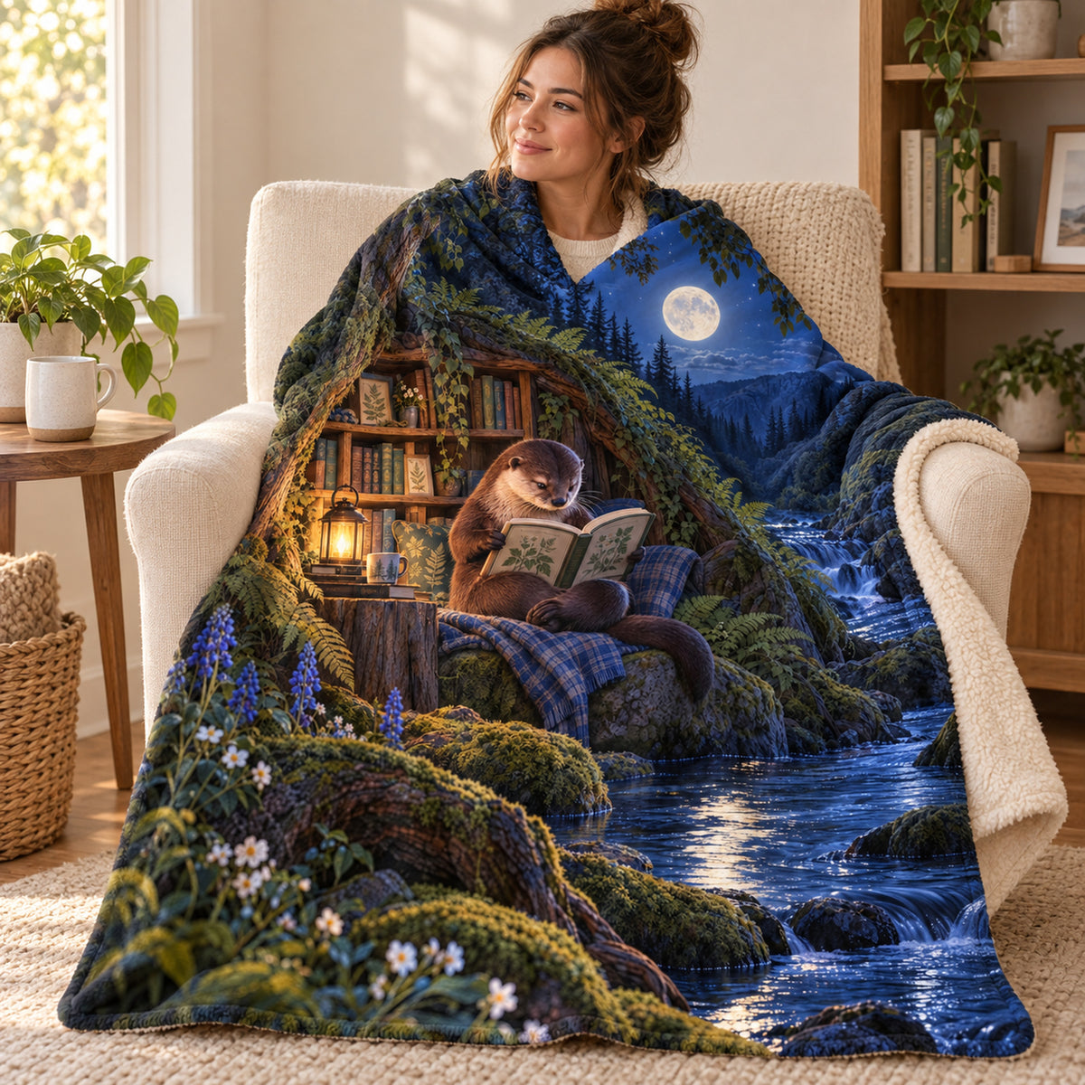 Moonlit River Reader blanket, wrapped around a reader