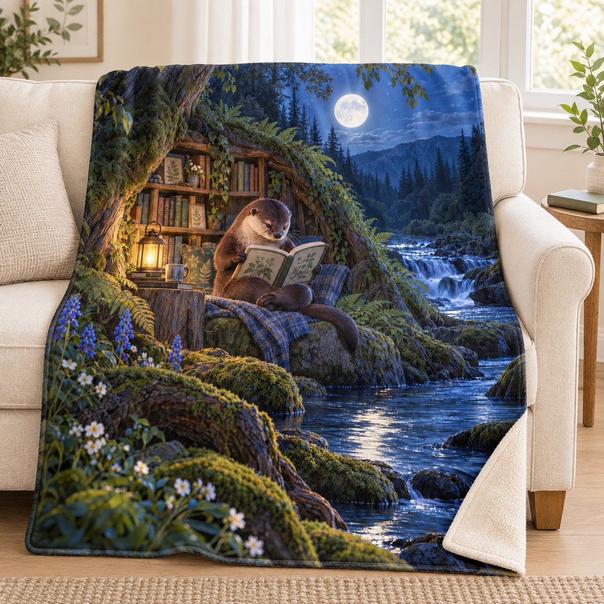 Moonlit River Reader blanket, on a sofa