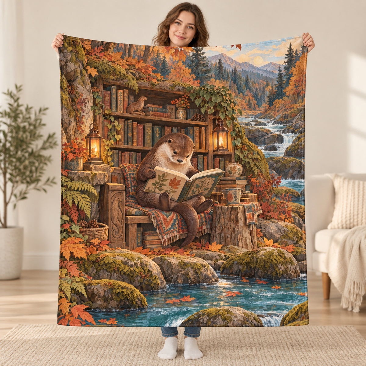 Autumn River Journal blanket, held open