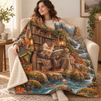 Autumn River Journal blanket, wrapped around a reader