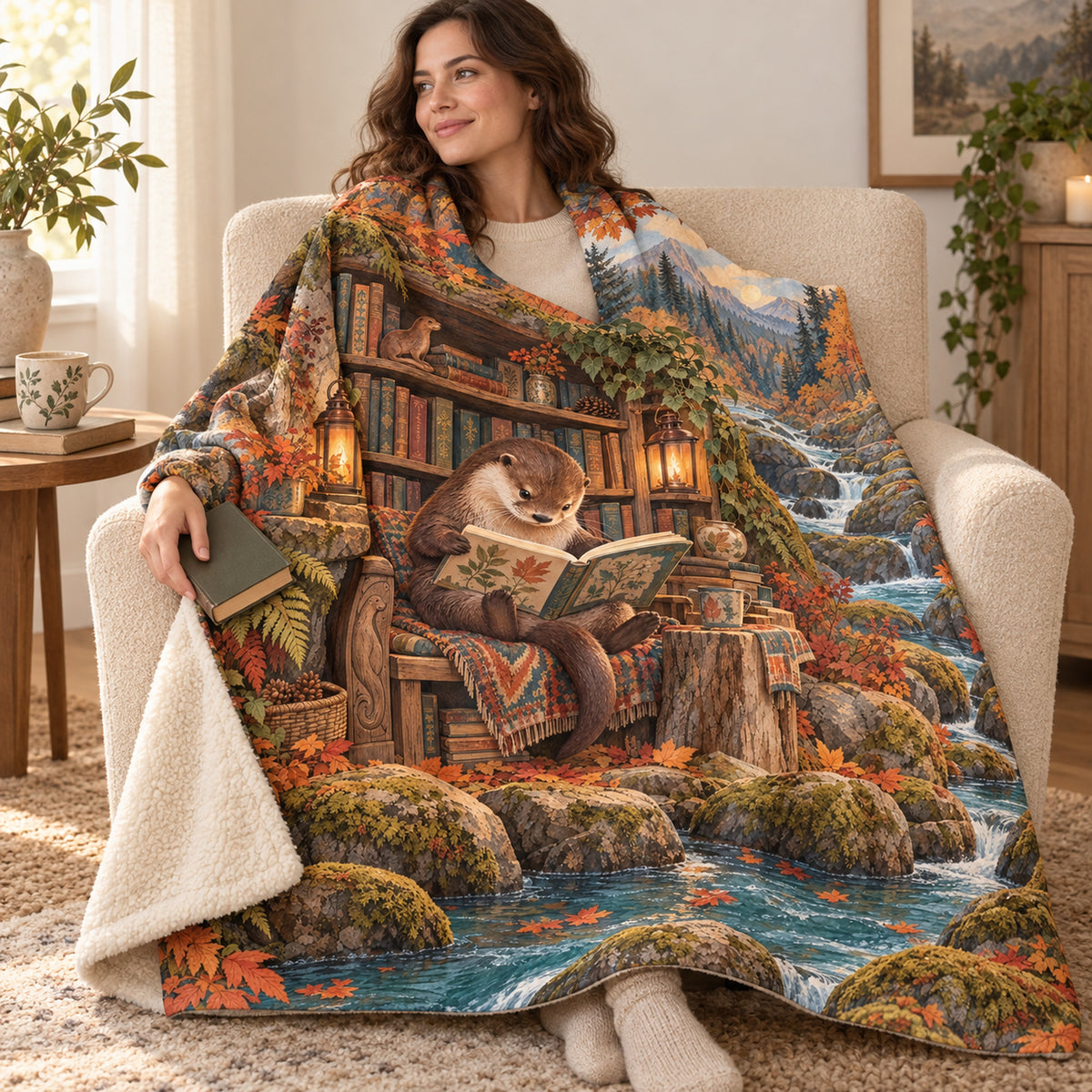 Autumn River Journal blanket, wrapped around a reader