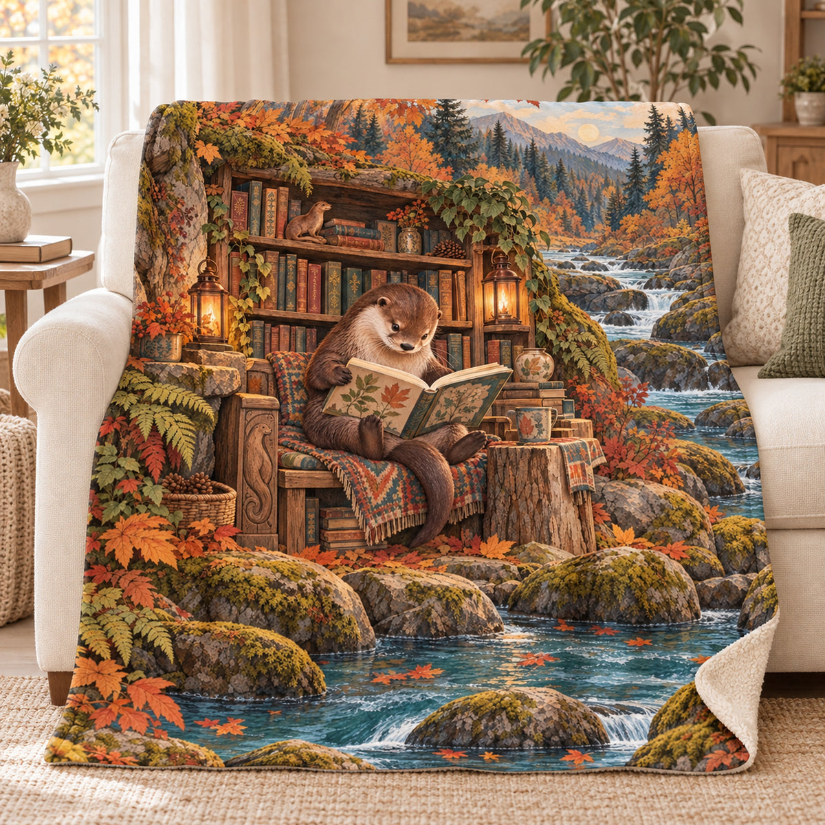 Autumn River Journal blanket, on a sofa