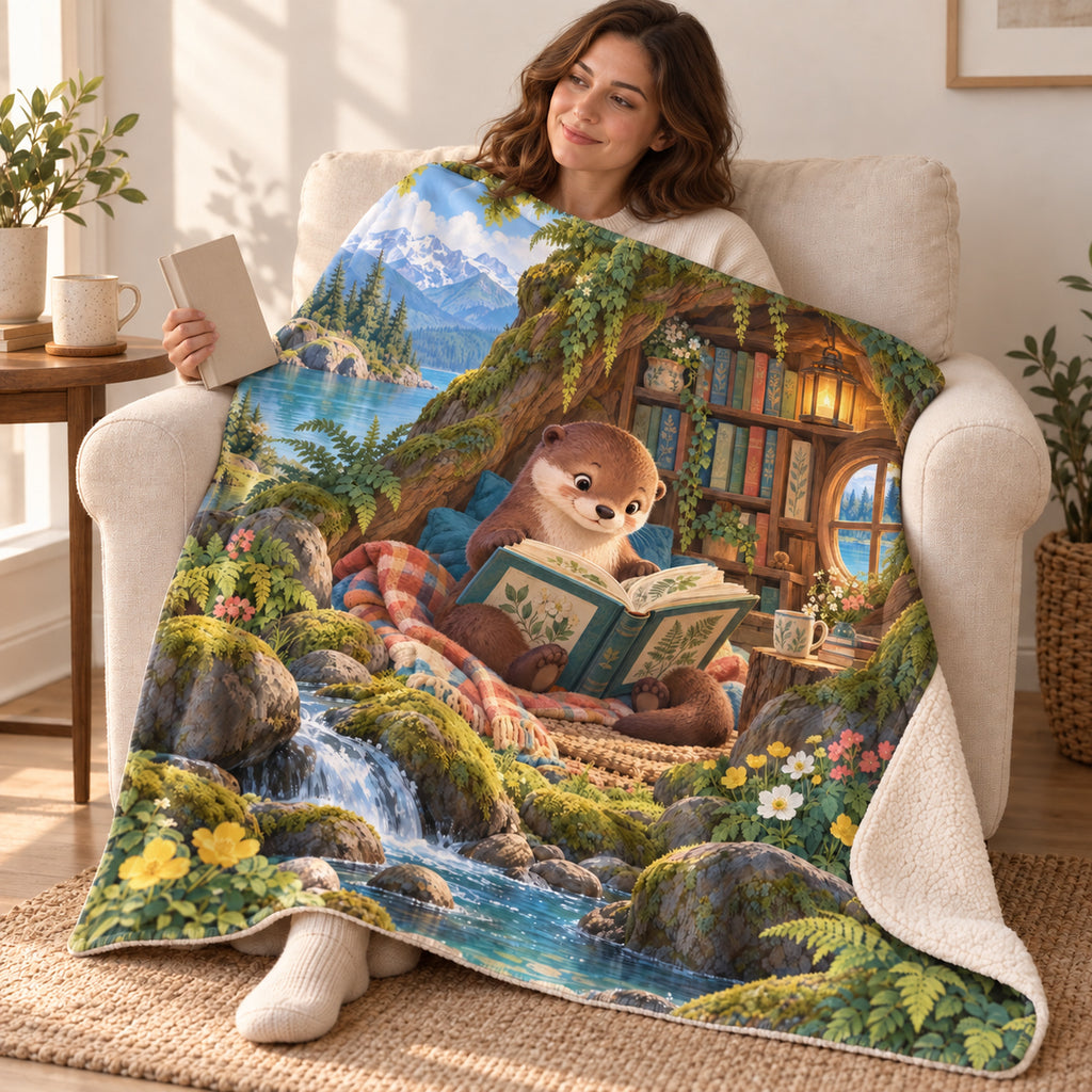 Little Otter's Story blanket, wrapped around a reader