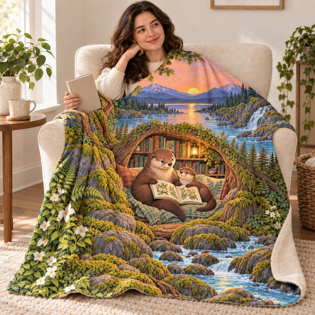 Otter Family Tales blanket, wrapped around a reader
