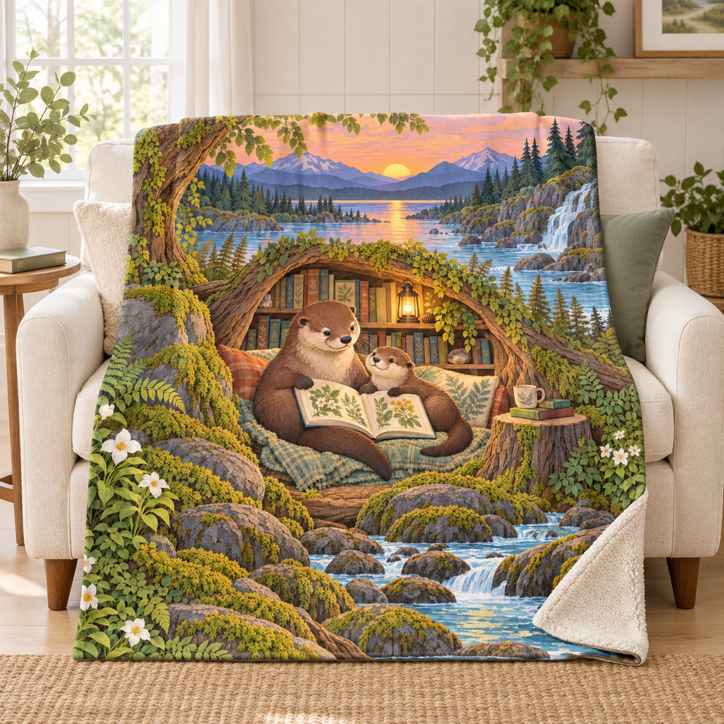 Otter Family Tales blanket, on a sofa