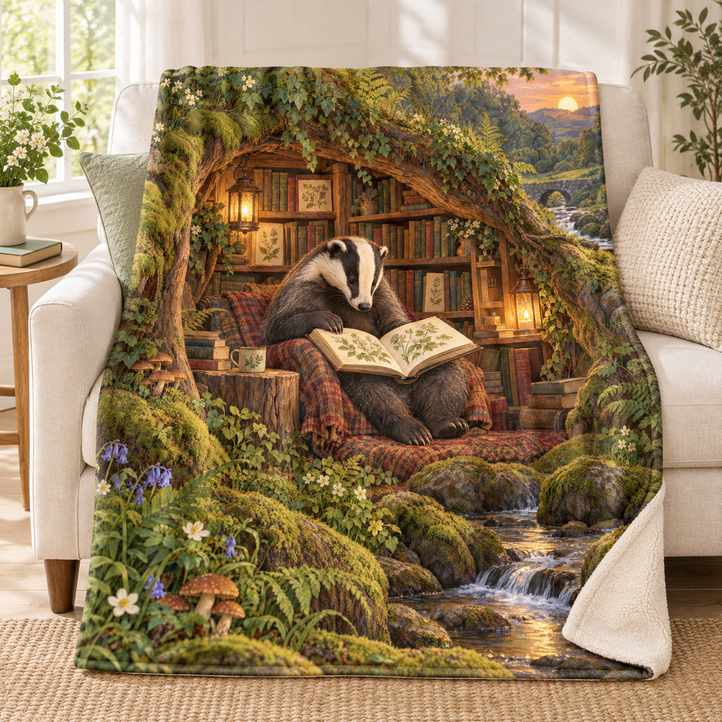 The Underground Library blanket, on a sofa
