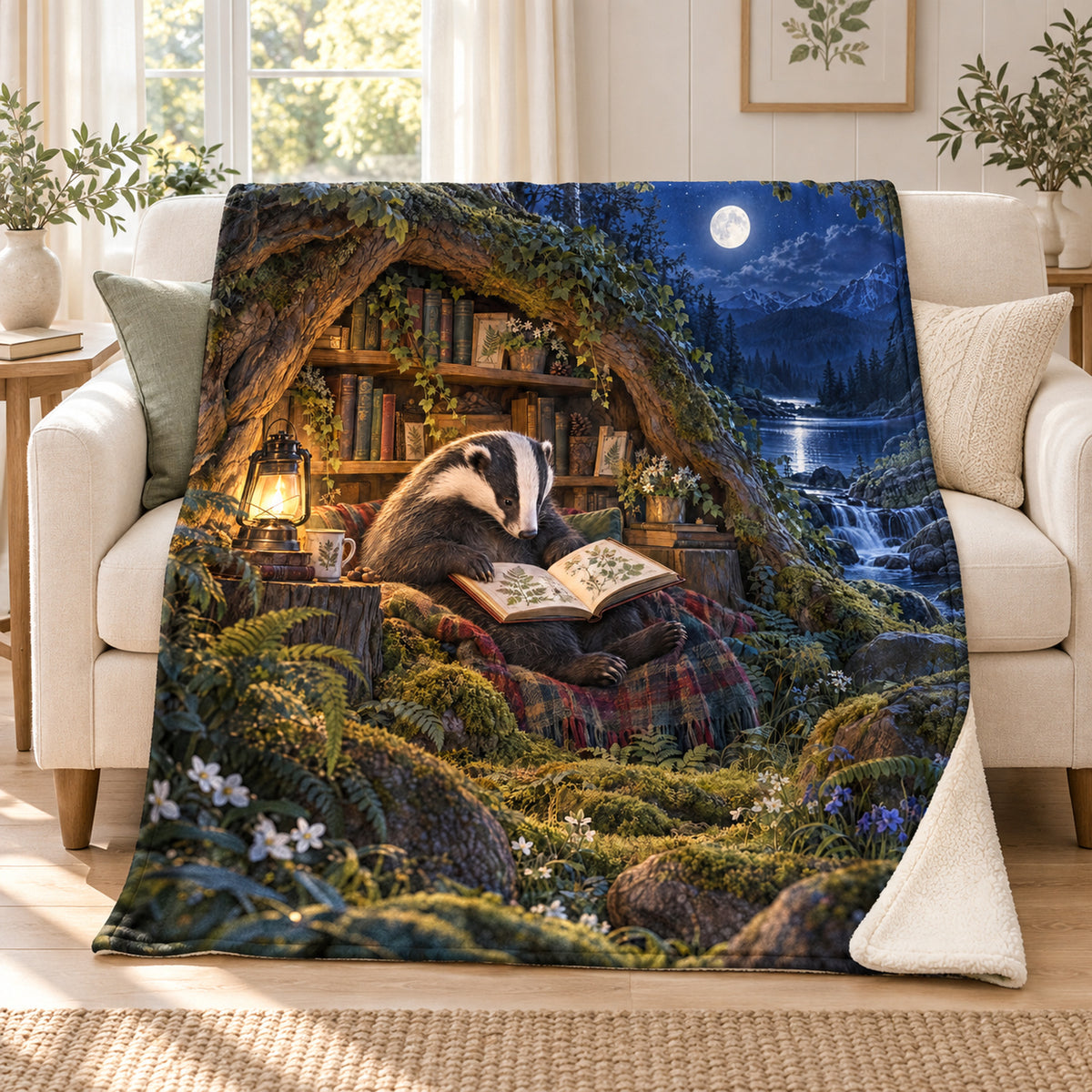 Lamplight Chapters blanket, on a sofa