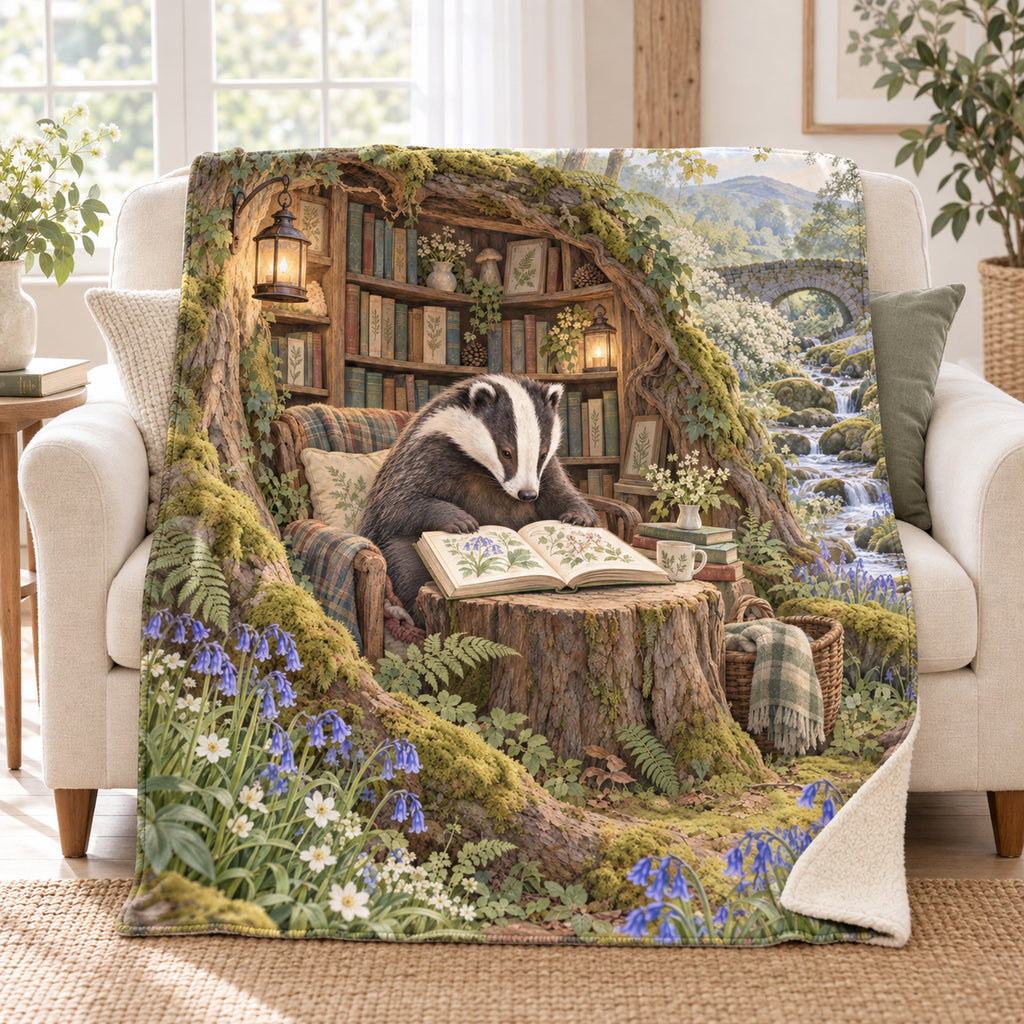 Bluebell Reader blanket, on a sofa