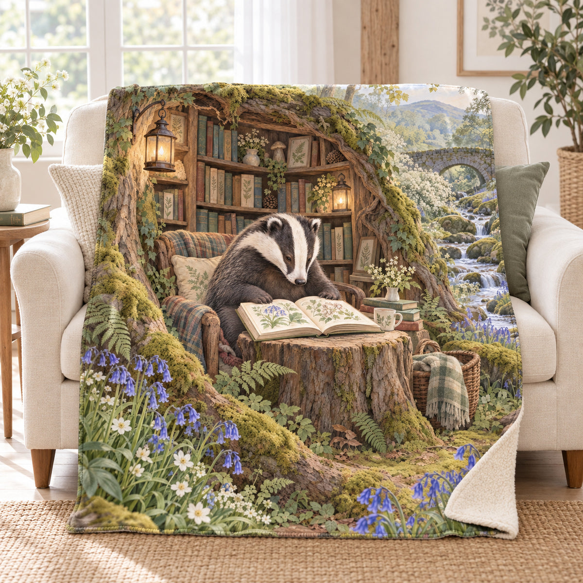 Bluebell Reader blanket, on a sofa