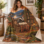Autumn Sett Stories blanket, wrapped around a reader