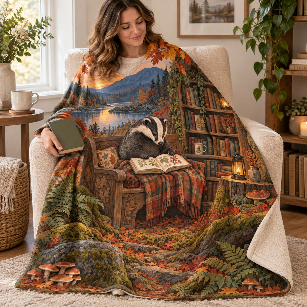 Autumn Sett Stories blanket, wrapped around a reader