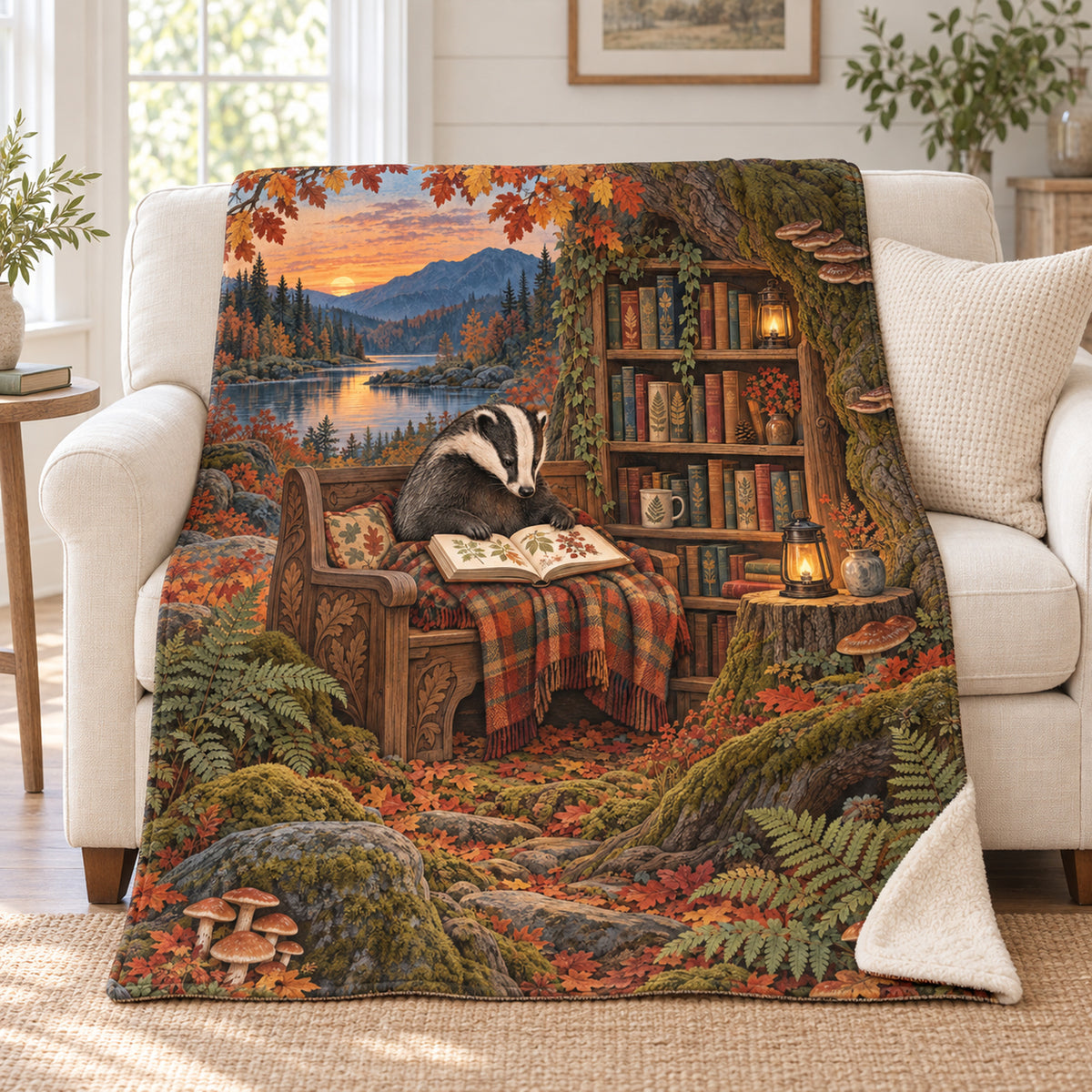 Autumn Sett Stories blanket, on a sofa
