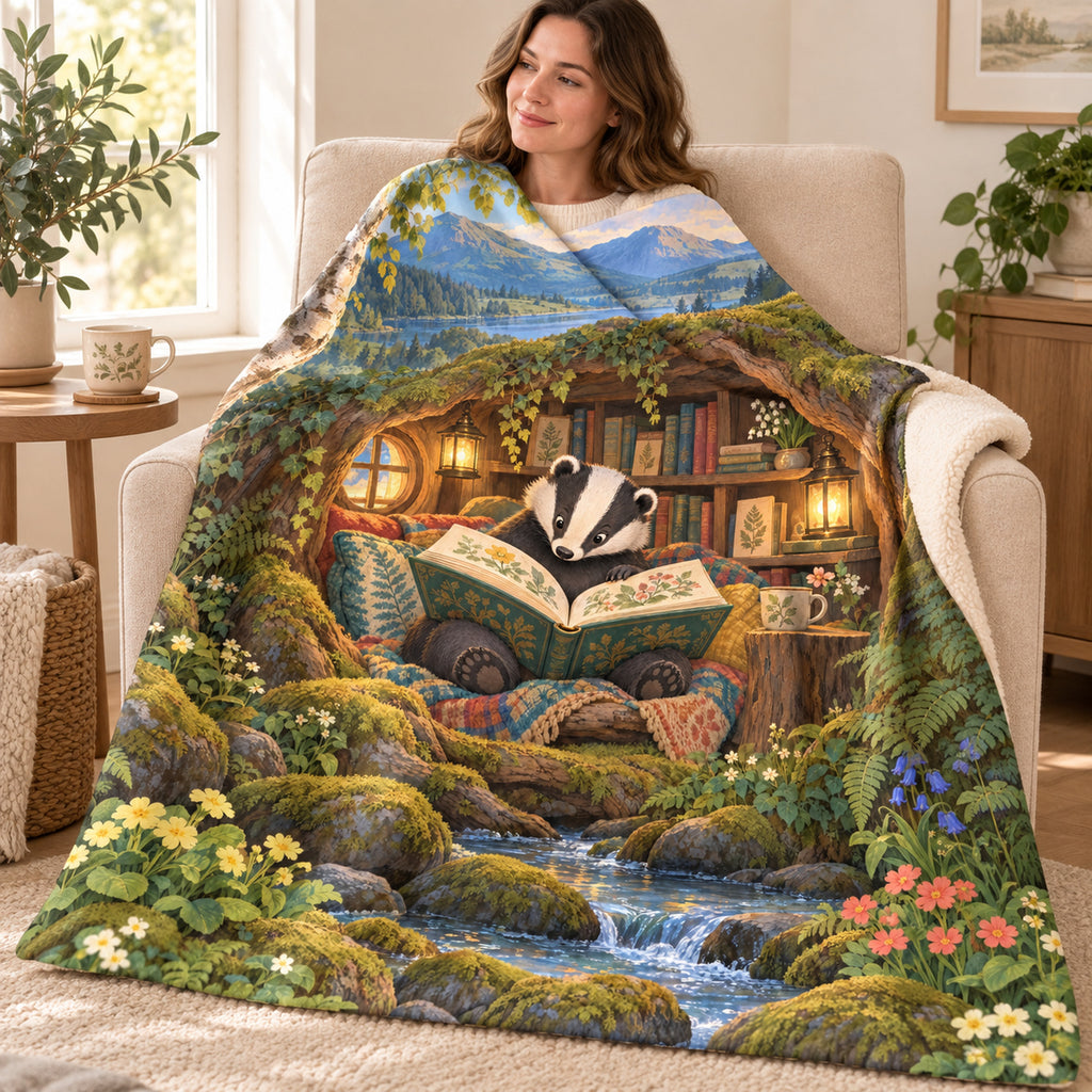 Little Badger's Book blanket, wrapped around a reader