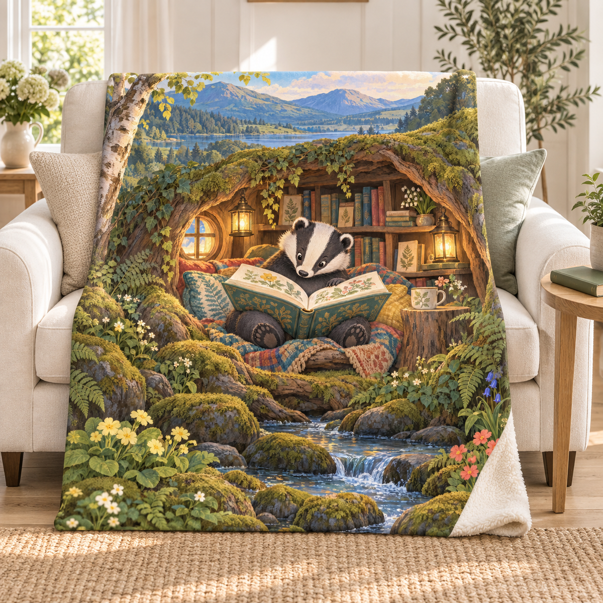 Little Badger's Book blanket, on a sofa