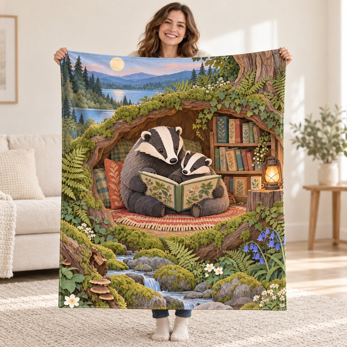 Badger Family Storytime blanket, held open
