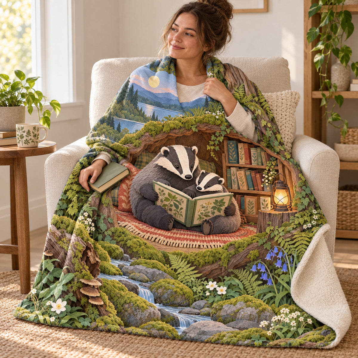 Badger Family Storytime blanket, wrapped around a reader