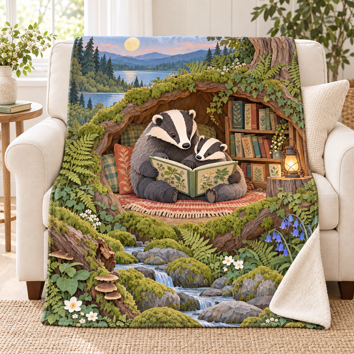 Badger Family Storytime blanket, on a sofa