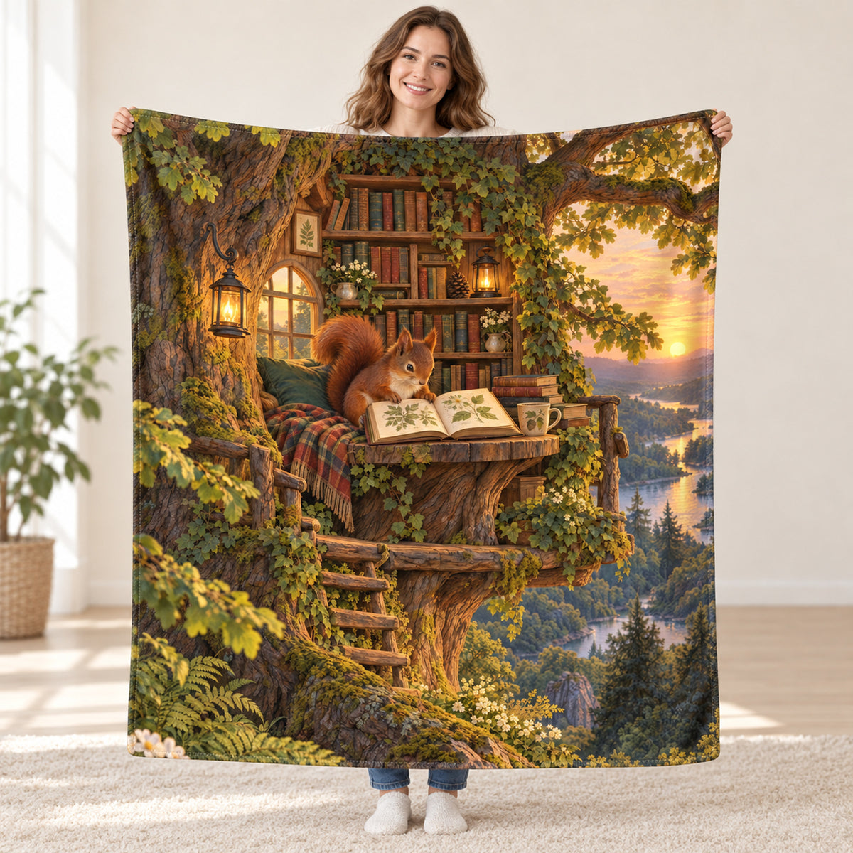 The Treetop Library blanket, held open