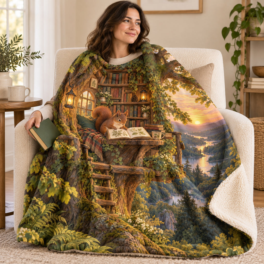 The Treetop Library blanket, wrapped around a reader