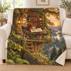 The Treetop Library blanket, on a sofa