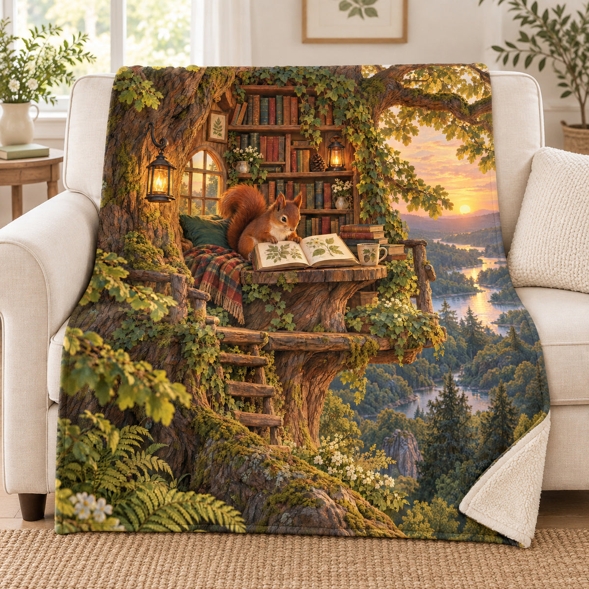 The Treetop Library blanket, on a sofa