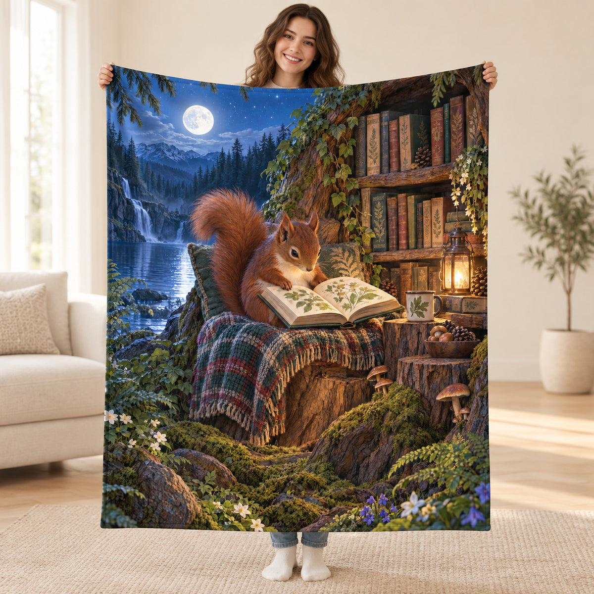Starlit Squirrel Scholar blanket, held open