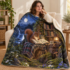 Starlit Squirrel Scholar blanket, wrapped around a reader