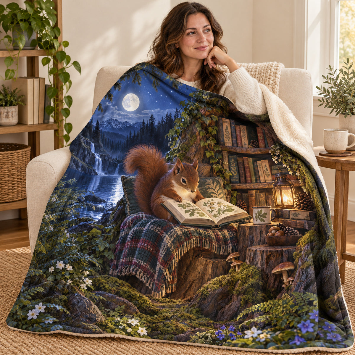 Starlit Squirrel Scholar blanket, wrapped around a reader