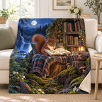 Starlit Squirrel Scholar blanket, on a sofa