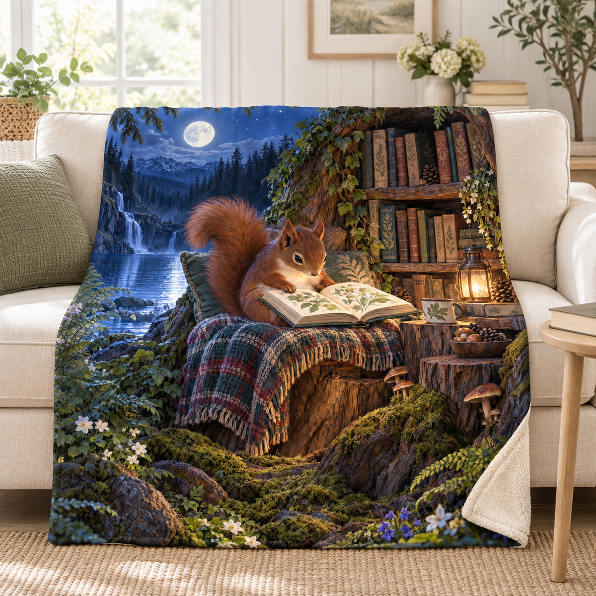 Starlit Squirrel Scholar blanket, on a sofa