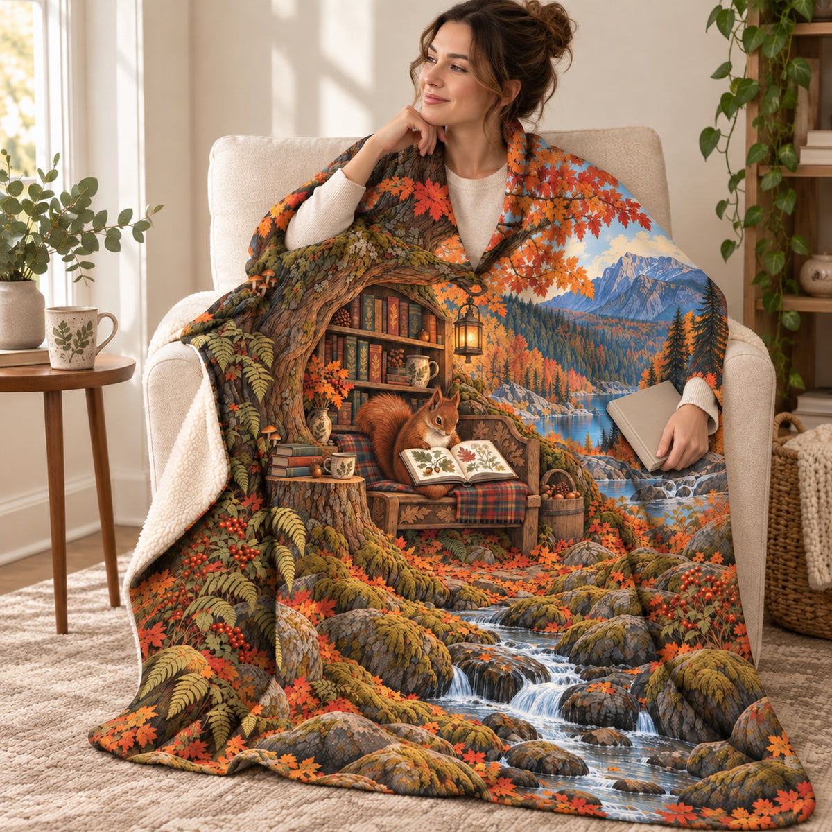 Acorn Almanac blanket, wrapped around a reader