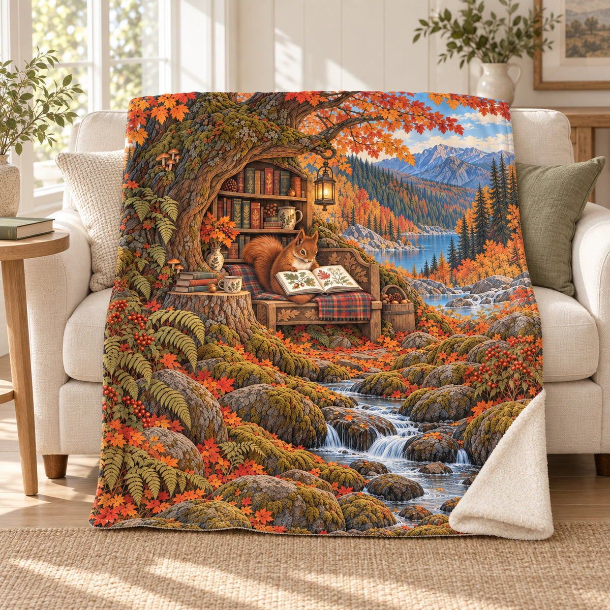 Acorn Almanac blanket, on a sofa